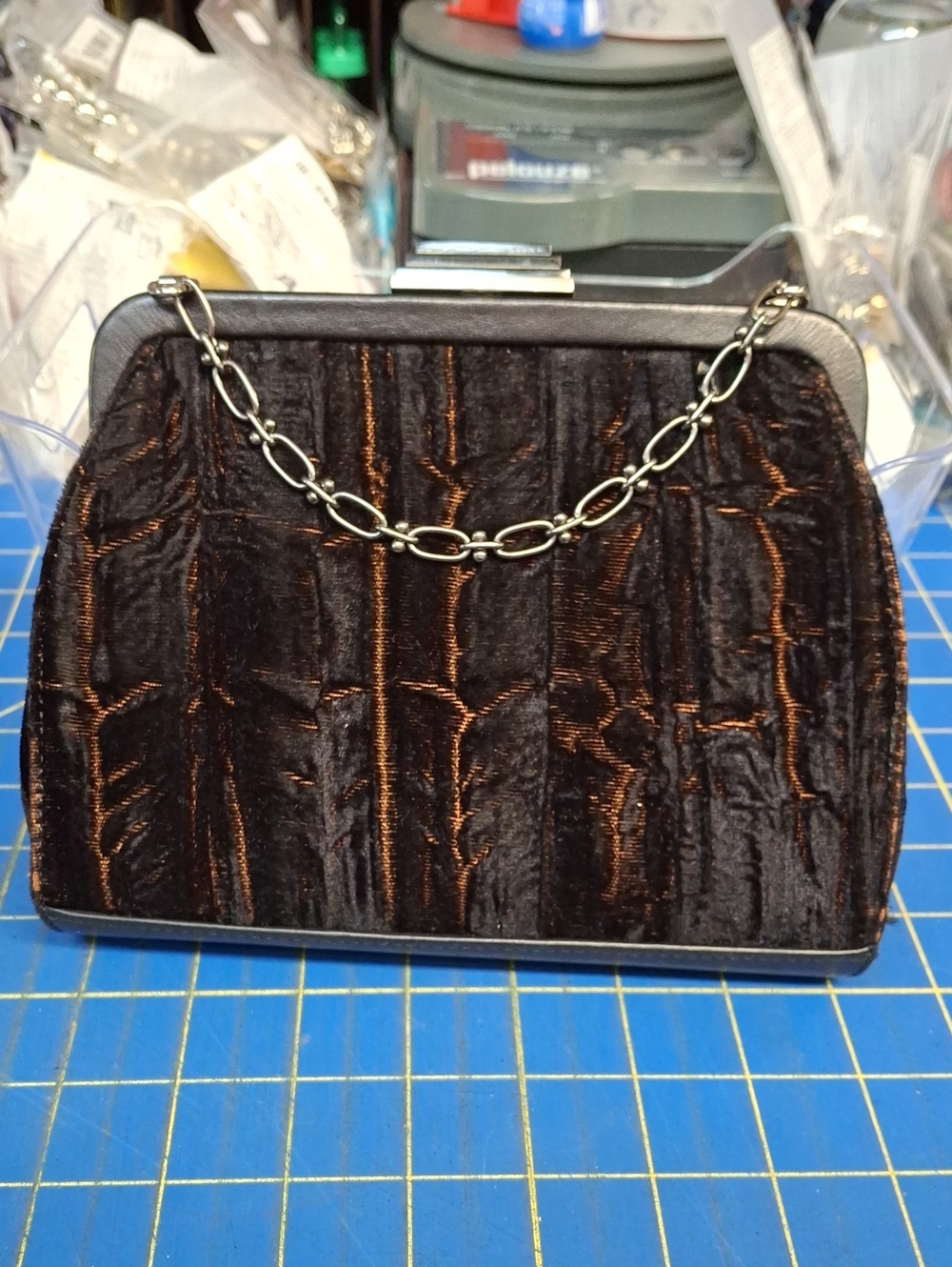 DKNY 1990s Vintage Elegant Black Velvet Evening Clutch with Chain 7.5x6x2.5